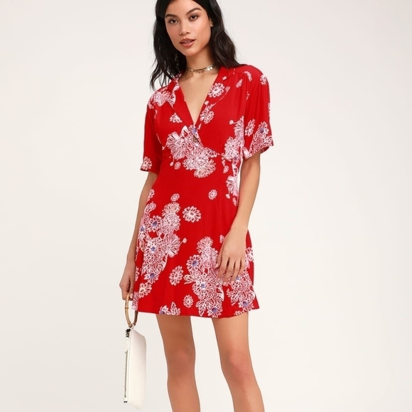 Free People Blue Hawaii Red Floral Print Short Sleeve Mini Dress S - Picture 1 of 8